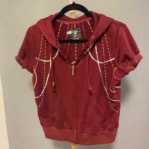 Tandera Embellished Deep Burgundy Short-Sleeve Hoodie - Size L